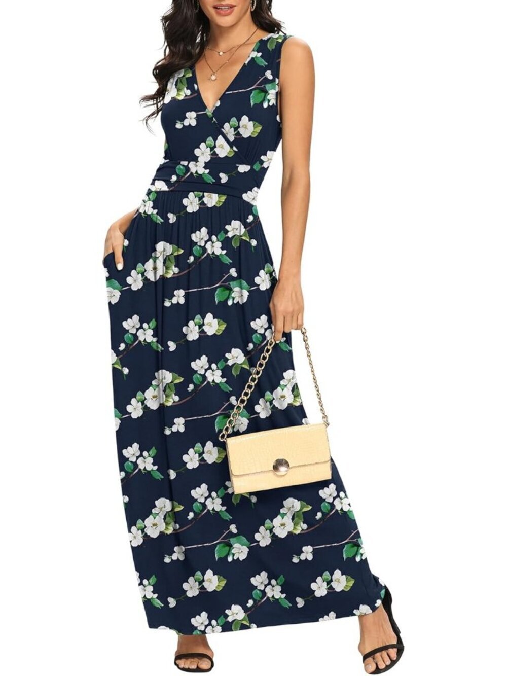 Lilbetter Women's Hai Tang Blue Sleeveless Deep Loose Plain Maxi Casual Dress